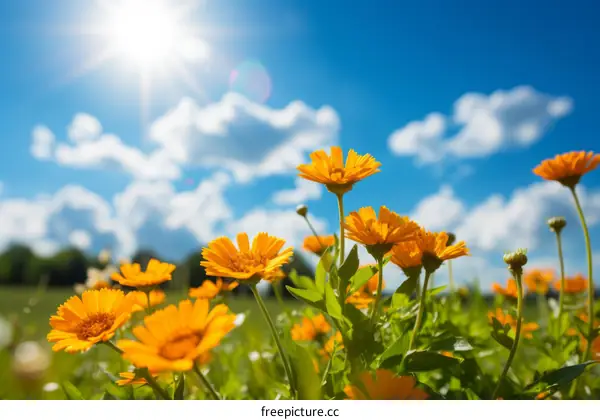 Orange flowers in a field on a sunny day