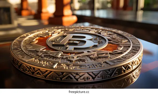A close-up image of a gold and silver Bitcoin coin.