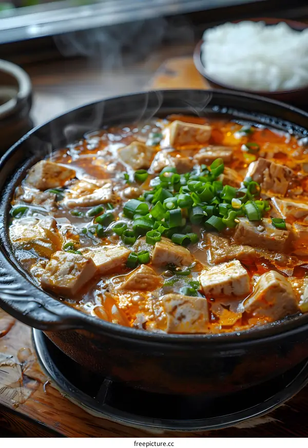 A bowl of Mapo Tofu with rice