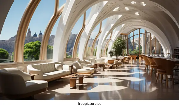 Modern architecture interior of a luxury hotel with panoramic city view