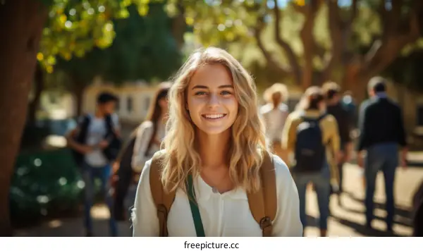 Smiling blonde woman with green eyes standing outside