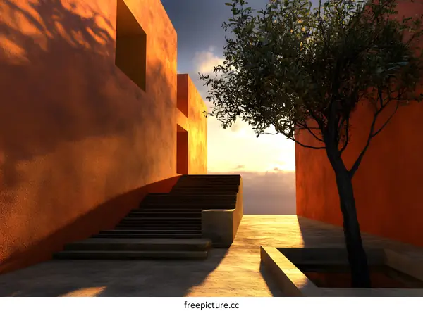 Minimalist Architecture Design with a Tree and Stairs at Sunset