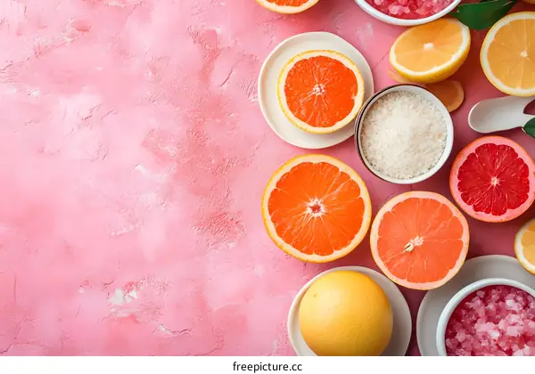 Pink Background With Fresh Grapefruit And Lemon Slices, Salt And Sugar For Spa Treatments