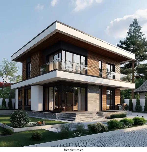Modern Two Storey House with Balcony and Wooden Siding