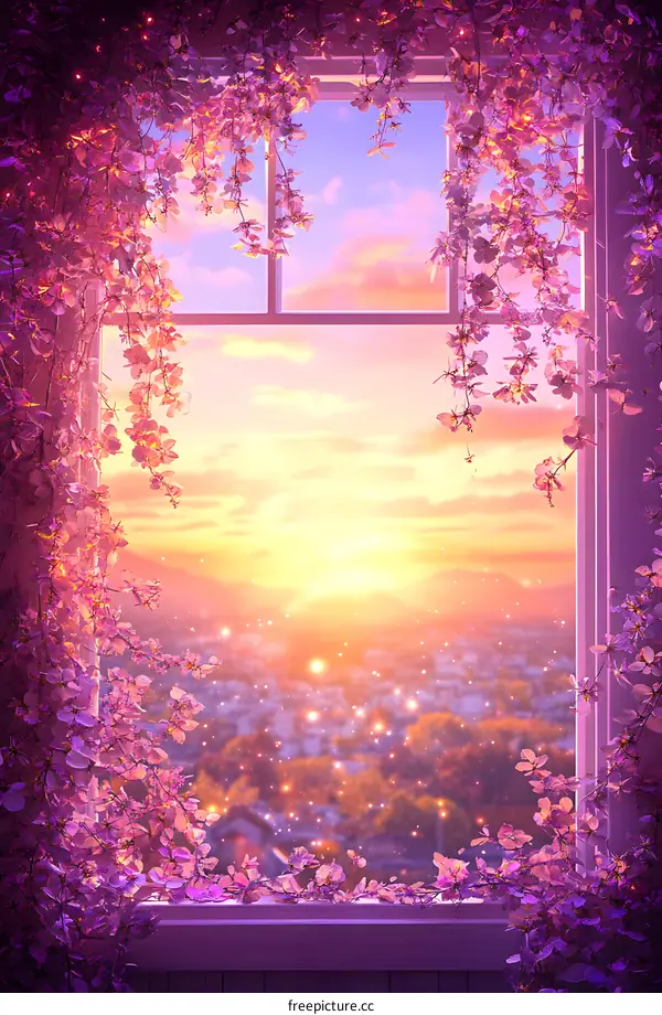Window View of Sunset Cityscape with Flowers