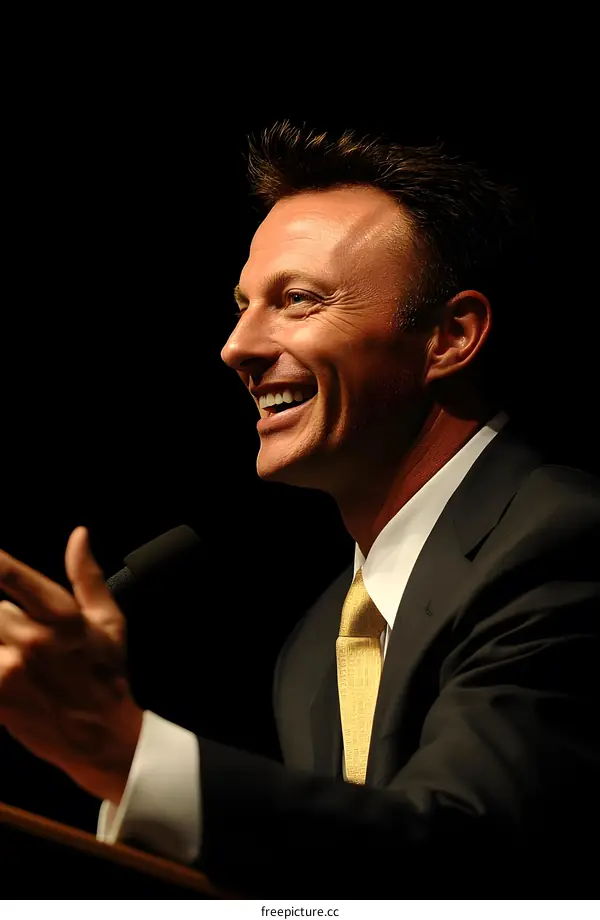 Smiling Man Giving a Speech on Stage
