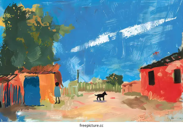 A Child and a Dog In Front of a Simple House