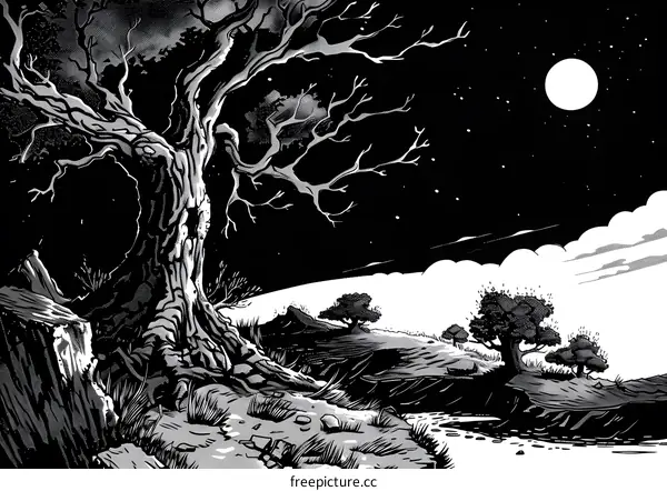 Black and White Illustration of a Tree at Night