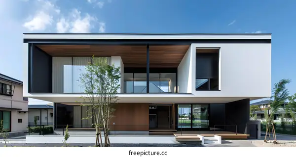 Modern White House with Black Frames and Wooden Accents