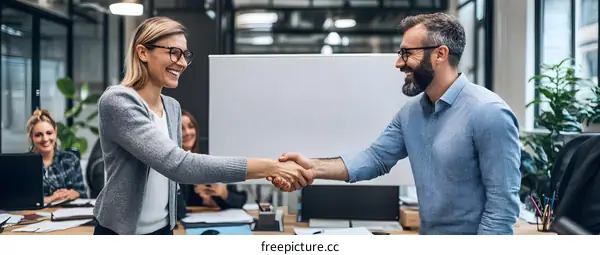 Smiling Business People Shaking Hands In Office