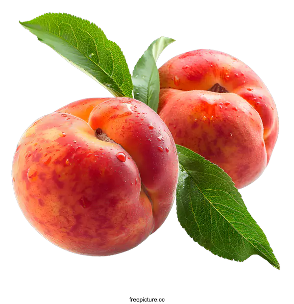 [Transparent Background PNG]Two Fresh Peaches With Leaves