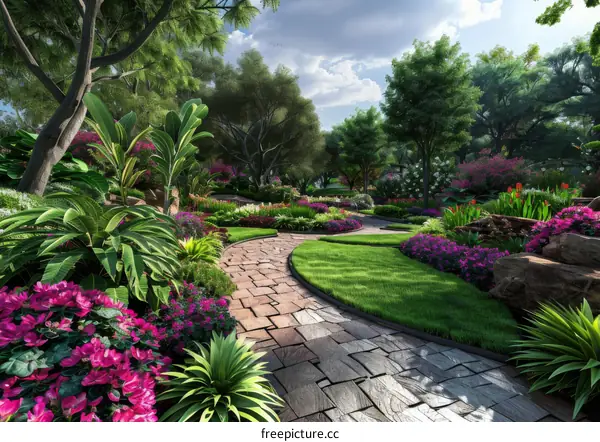 Tropical Oasis: Lush Garden with Vibrant Flowers and Stone Walkway