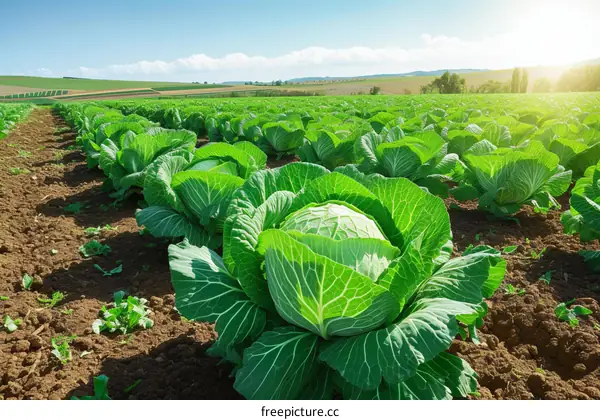 A large field of green cabbages, ready to be harvested