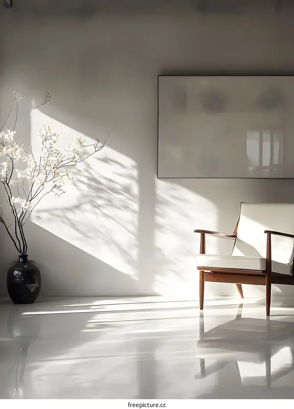 Minimalist Living Room with White Chair and Sunlight