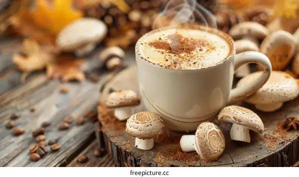 Steaming Mug of Mushroom Coffee with Autumn Spices and Foliage
