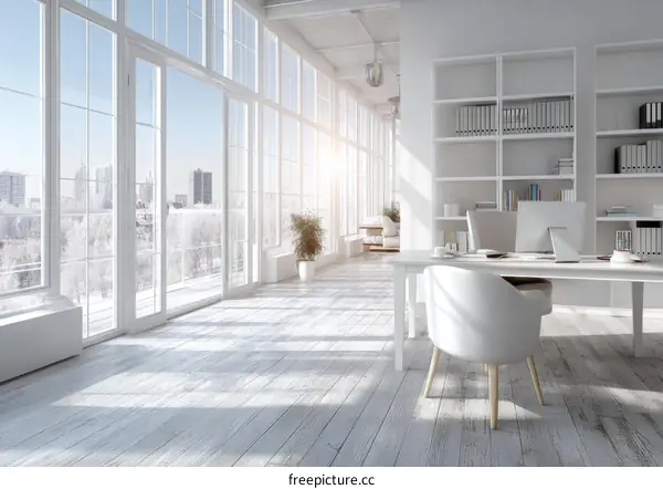 Modern Minimalist White Office Space with City View