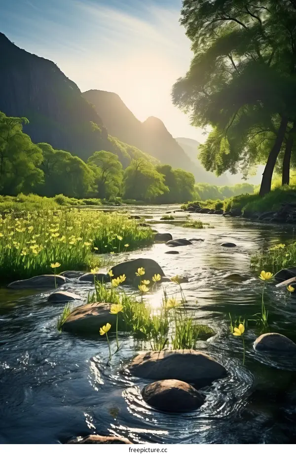 The sun shines through the valley and shines on the river and flowers
