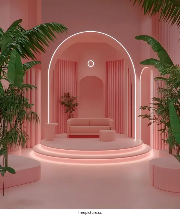 Pink Minimalist Interior Design with Sofa and Palm Trees