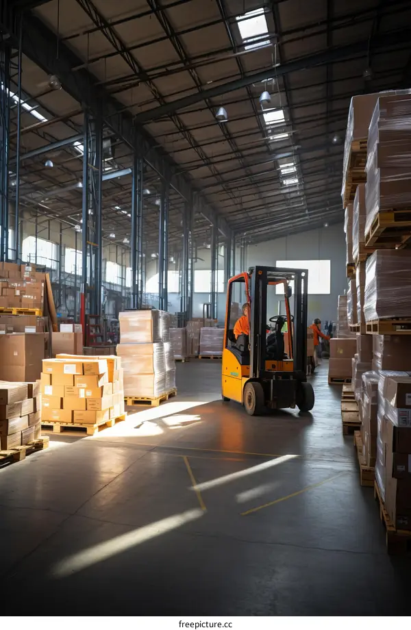 A worker operates a forklift in a warehouse