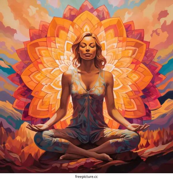 A woman is meditating in front of a colorful mandala.