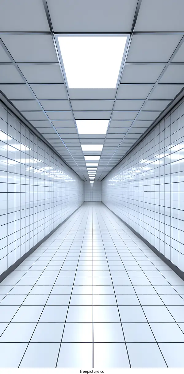 White Tiled Corridor with Fluorescent Lights