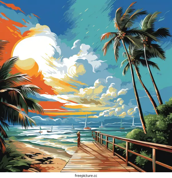 Vibrant Tropical Beach With Coconut Trees And Sailboats In The Ocean