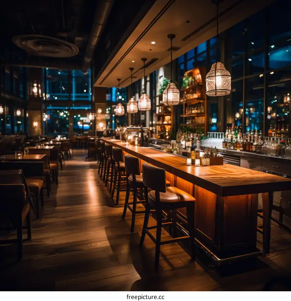 Luxurious bar interior with wooden bar counter and leather chairs