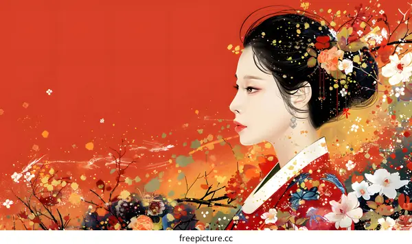 A digital painting of a young woman in a red dress with a white background.