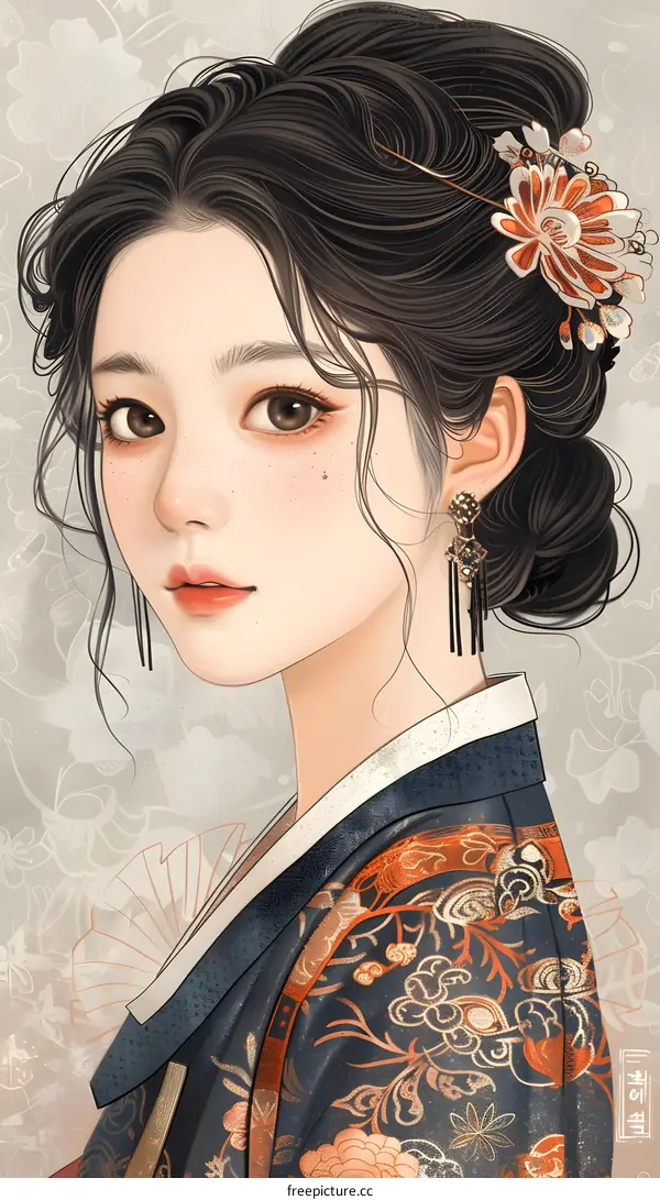 A digital painting of a young woman with long black hair wearing a traditional Korean hanbok.
