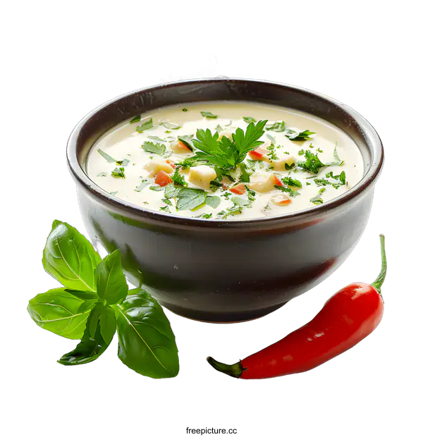 [Transparent Background PNG]Creamy Soup with Herbs and Chili Pepper