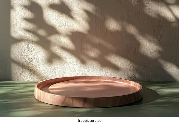 Empty Wooden Tray Display Against Beige Wall with Shadow