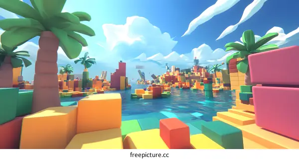 3D Abstract Illustration of a Colorful City Made of Blocks