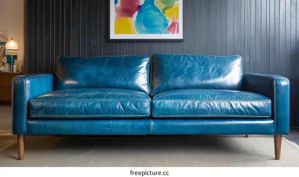 Classic Teal Leather Sofa in Modern Living Room