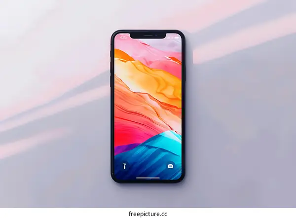 Black Smartphone with Colorful Abstract Background on White Surface