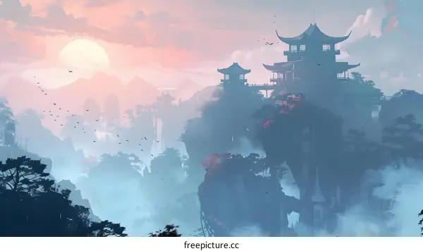 Chinese Pagoda on Mountaintop at Sunset