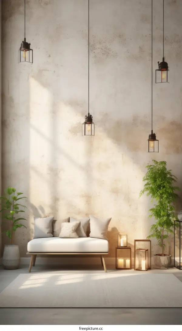 Bright modern home interior design with sofa and plants