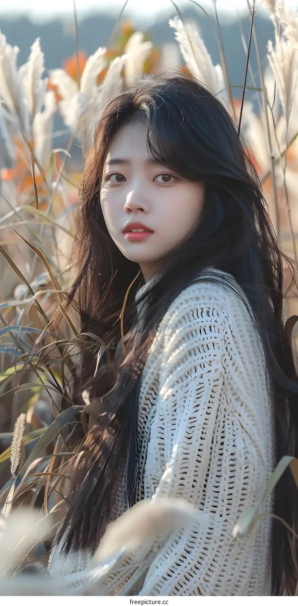Young Asian Woman Wearing White Knit Sweater in Grass Field
