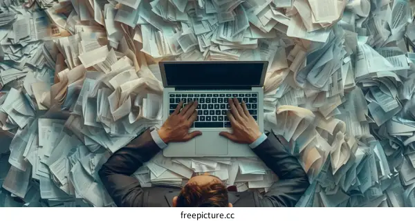 A businessman drowning in paperwork