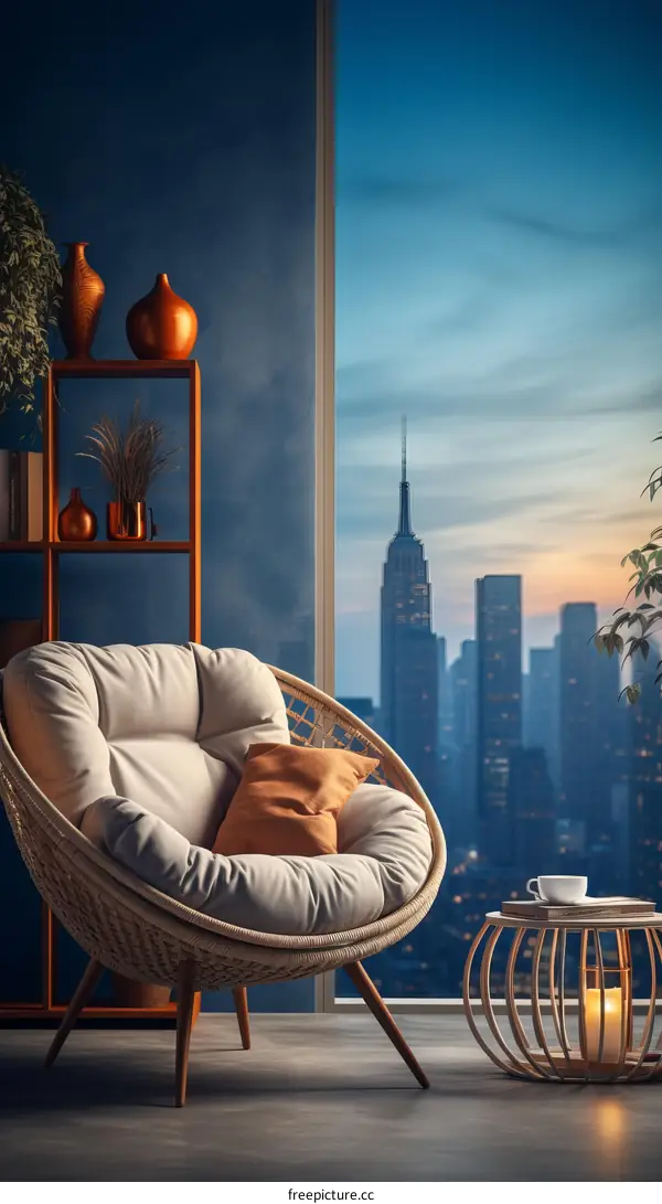 Modern living room interior with comfortable armchair and cityscape view from window