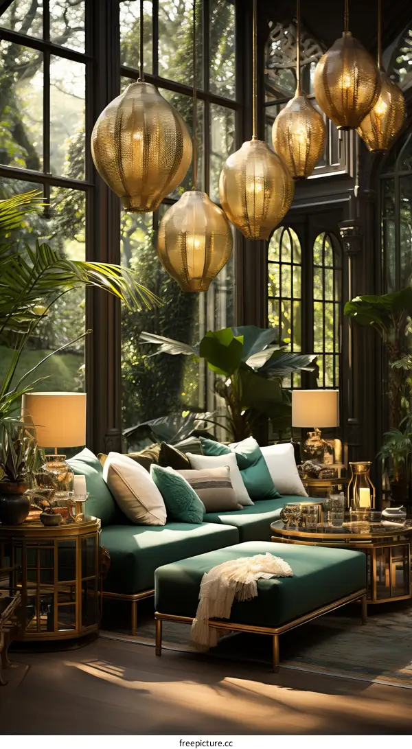 Elegant living room with green velvet sofa and tropical plants