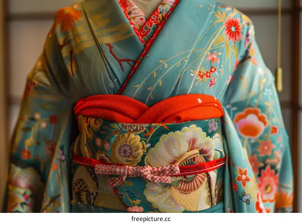 A close-up image of a kimono with a floral pattern and an obi tied around the waist.