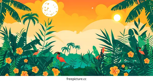 Tropical Jungle Illustration With Orange Flowers And Birds