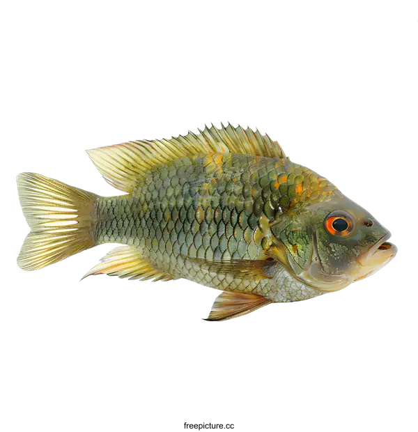[Transparent Background PNG]A green fish with orange fins and a red eye