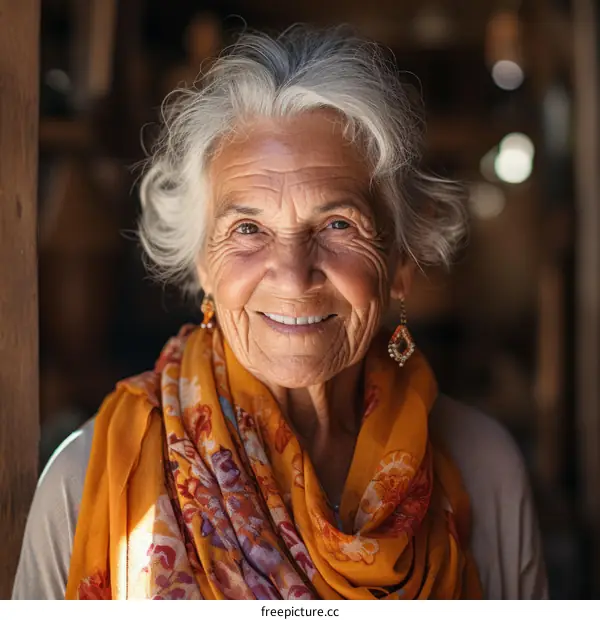 Portrait of an elderly woman with white hair and a warm smile