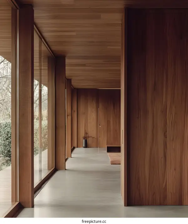 Modern Wooden House Interior with Large Windows and Minimalist Decor