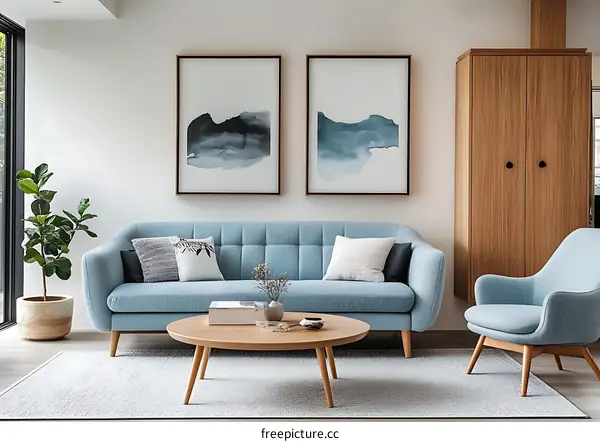 Modern Living Room Interior Design with Light Blue Sofa