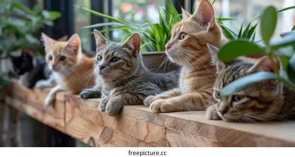 A group of cats sitting on a wooden railing