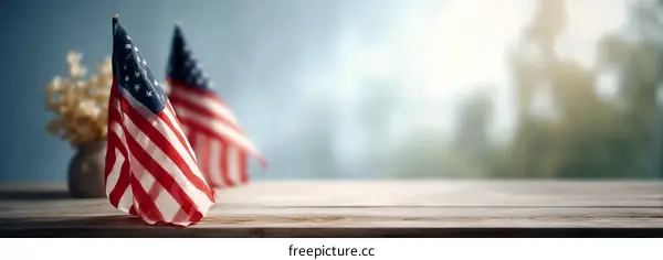 American Flags on Wooden Tabletop Background