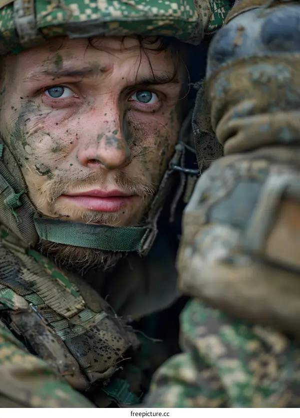 Portrait of a soldier with blue eyes and a beard, wearing a helmet and camouflage