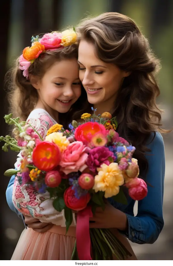 A mother and daughter are hugging each other while holding a bouquet of flowers.